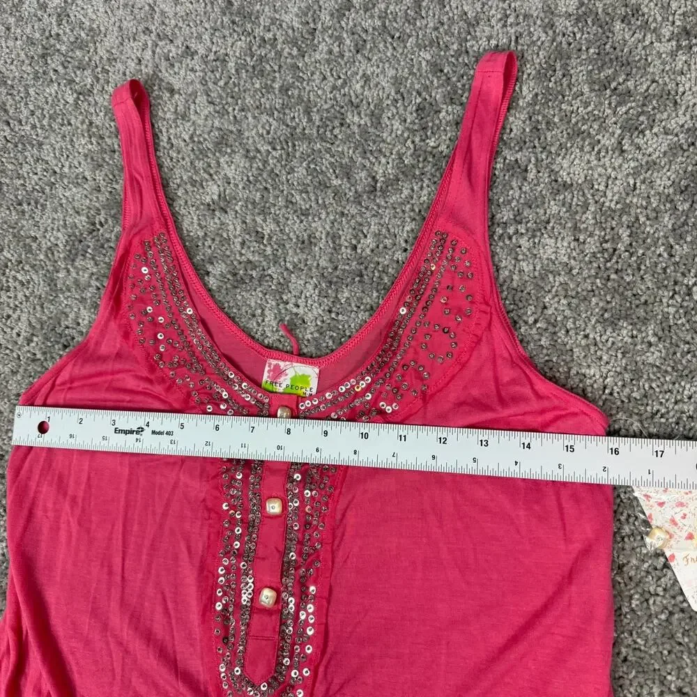 Free People Womens Medium Pink Mini Dress Tank Silk Cotton‎ Beaded Scoop Neck